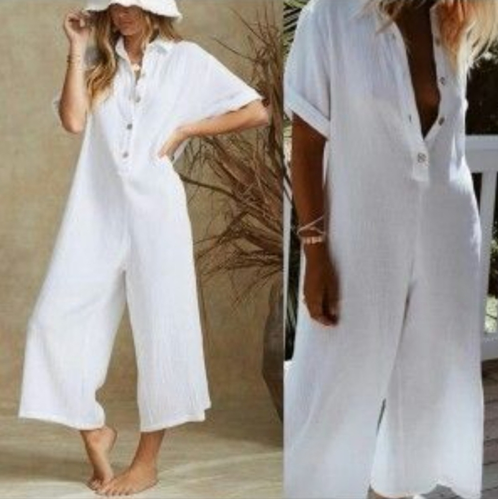 White Button-Down Jumpsuit
